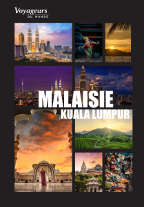 Affiche touristique de "Voyageurs du Monde" présentant la Malaisie à travers huit photos : paysages urbains, culture traditionnelle, nature et plats locaux.