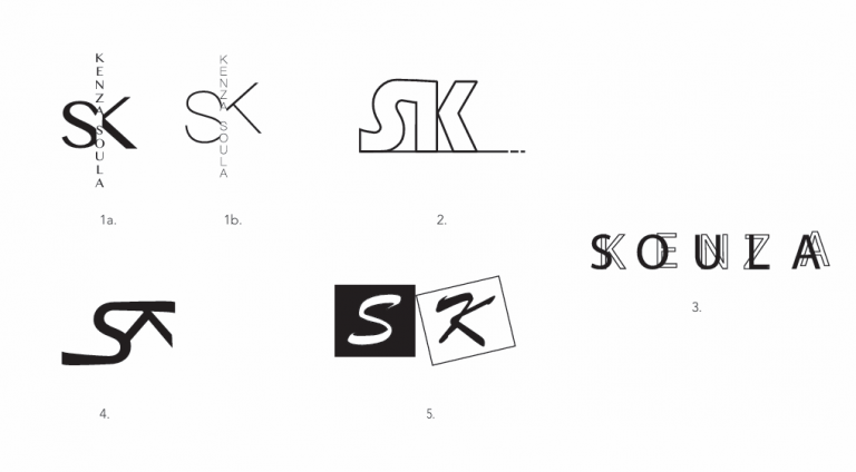 Feuille blanche avec 5 logo différents des lettres S et K et un avec les mots soule et kenza