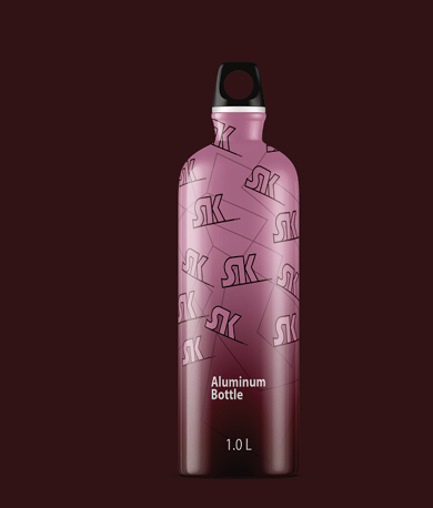 Gourde métallique rose et bordeaux avec comme motif le loge S et K en rose et violet