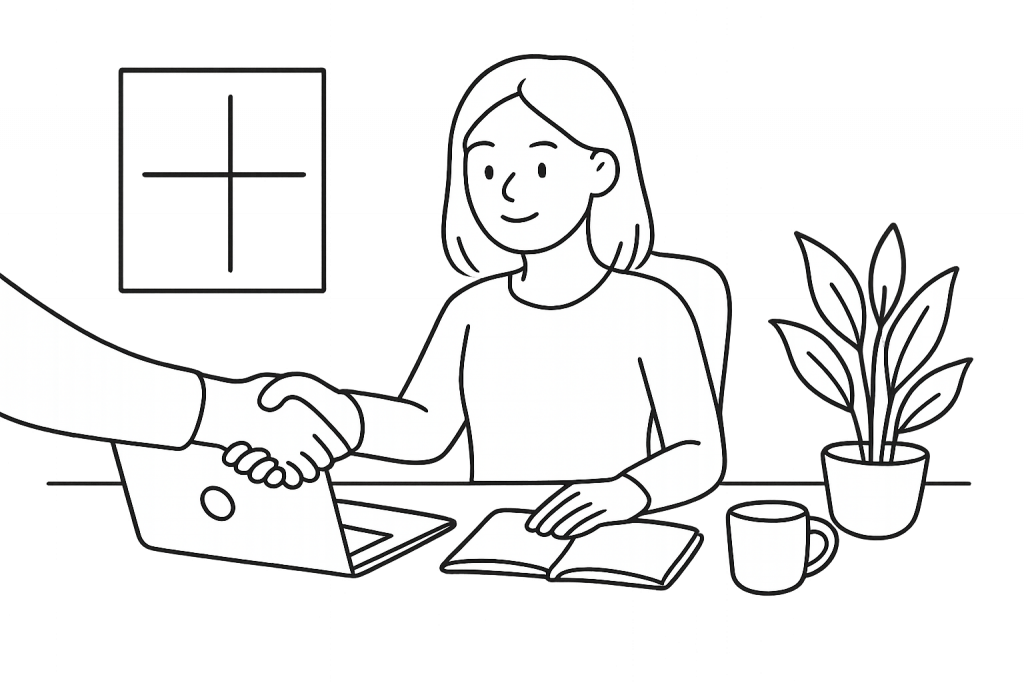 Illustration d'une femme à son bureau serrant la main à une personne