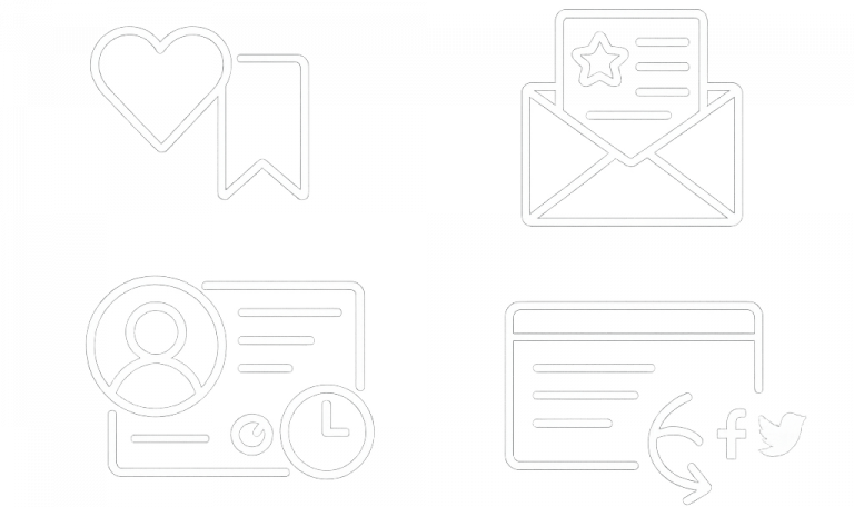 Image composée de quatre icônes blanches lumineuses : un cœur et un signet — icône liée aux favoris ou aux contenus enregistrés. une enveloppe ouverte contenant une lettre avec une étoile — icône de message ou newsletter. un profil utilisateur avec une horloge — symbolise l’historique ou les activités récentes. une fenêtre de navigateur avec des flèches et les logos de Facebook et Twitter — représente le partage de contenu sur les réseaux sociaux.