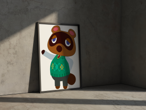 Illustration de tom nook inséré dans u mock up représentant un tableau posée au sol