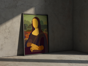 Illustration de la Joconde inséré dans u mock up représentant un tableau posée au sol